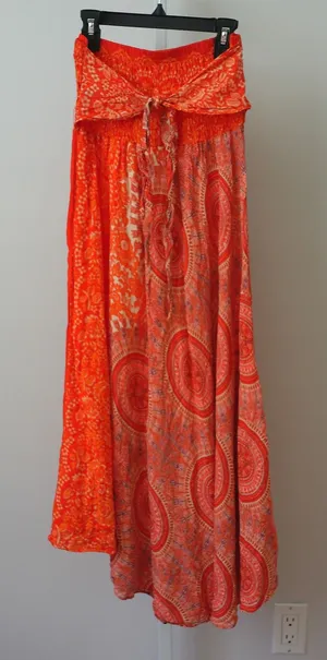 Boho Cotton Beachy Relaxed Shabby Lagenlook Smocked Maxi Skirt OS Orange thumbnail 1