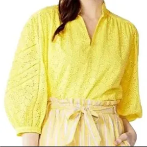 Draper James RSVP Medium Lemon Yellow‎ Embroidered Eyelet Ballon Sleeve Blouse thumbnail 1