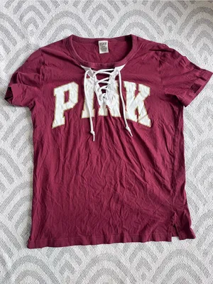 PINK VICTORIA’S SECRET Burgundy Graphic Short Sleeve Shirt Medium thumbnail 1