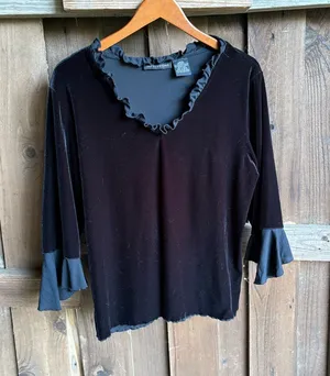 Vintage Witchy Whimsigoth Black Ruffle Velvet Blouse thumbnail 1