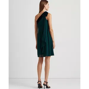 Lauren Ralph Lauren Chiffon One Shoulder Bow Velvet Dress Green Party US 6 NWT thumbnail 3