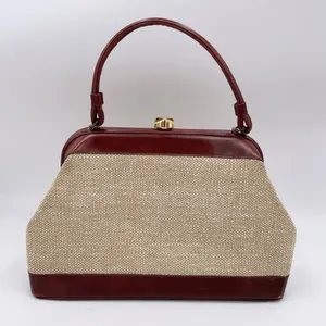 Vintage 50s 60s Top Handle Satchel Bag Red Leather Tweed Purse Midcentury Modern thumbnail 3