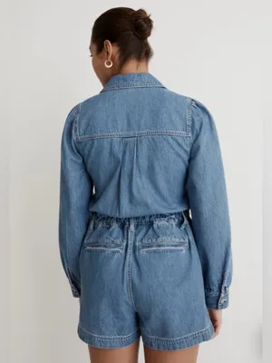 Madewell Denim Long-Sleeve Button-Front Cotton Romper in Rushland‎ Wash Size XXL thumbnail 3