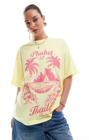 ASOS Design Womens Phuket 87 Thailand Graphic Oversized T-Shirt Yellow Pink NWOT thumbnail 1