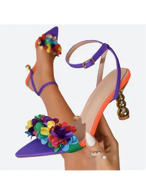 Rainbow 3D Flower Pointed Toe Floral Ankle Strap Heel Sandals Purple Size 39 thumbnail 3