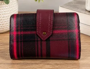 Red Black Plaid Bifold Wallet Kiss Lock Coin Pouch Faux Leather Preppy Accessory thumbnail 1