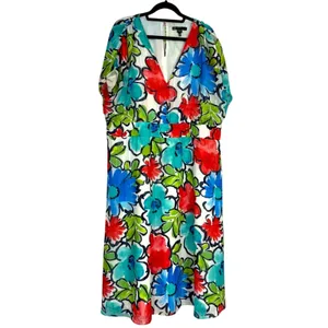 Maggy London Blue Red Floral Print Maxi Dress Womens 18W Boho Casual Eyelet thumbnail 2