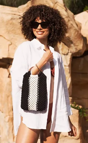 Laude The Label Women's Gabby Mini Macrame Bag Boho Striped Black‎ White OS thumbnail 1