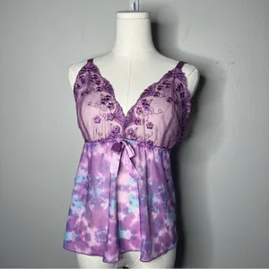 Y2K Vintage Purple Sheer Mesh Floral Fairycore Babydoll Tank Top Lingerie thumbnail 7