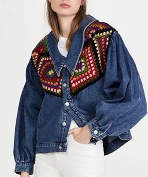 Farm Rio X Anthropologie Crochet Denim Trucker Jacket SZ Medium thumbnail 1