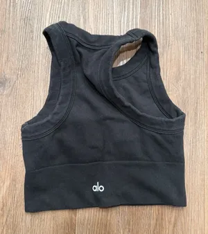 Alo Yoga Women Black Seamless Ribbed High Neck Racerback Sports Bra Top 402 thumbnail 1