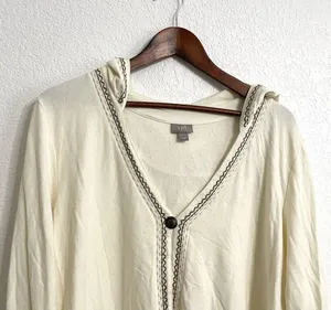 J Jill Womens Cardigan Ivory One Button Emroidered Hooded Cotton Size Large thumbnail 3