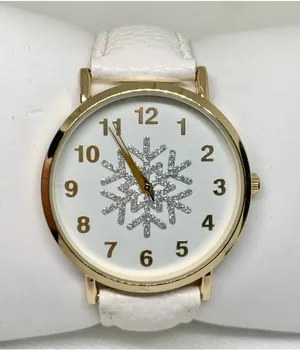 Gold tone women’s watch snowflake dial 40mm quartz analog white leather running thumbnail 1