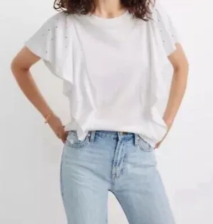 Madewell Hem & Thread White Holepunch Mix Flutter Top women’s size medium thumbnail 9