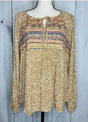 Savanna Jane Embroidered Shirt Peasant Southwest Floral Boho Sz L Tie Neck thumbnail 1