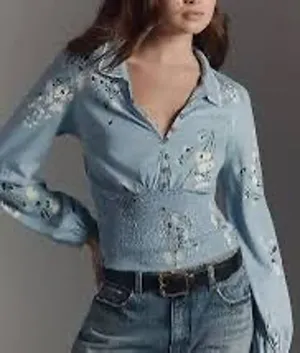 Maeve | Anthropologie light blue floral smocked long sleeve blouse top WOMENS M thumbnail 1