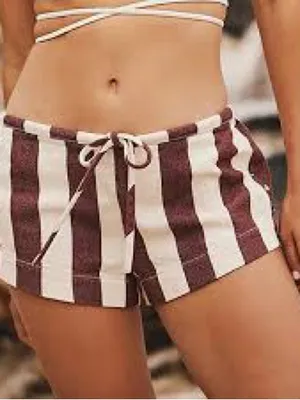 Free People Striped Maroon and White 100% Cotton Women’s Drawstring Shorts thumbnail 3