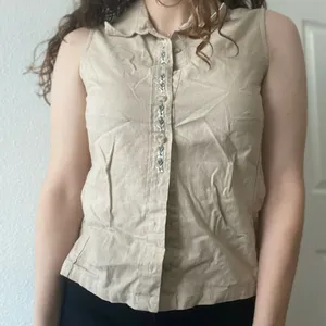 Vintage Linen Blend Sleeveless Button‎ Down Top Sz S dainty embroidered flowers thumbnail 1