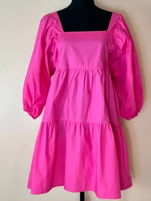 a new day Bright Pink Square-Neck Puff Sleeve Tiered Mini Dress thumbnail 2