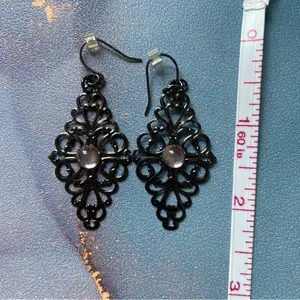 Pewter Filigree Boho Drop Earrings Pink Purple Stone Accent Y2K Dainty‎ Jewelry thumbnail 8