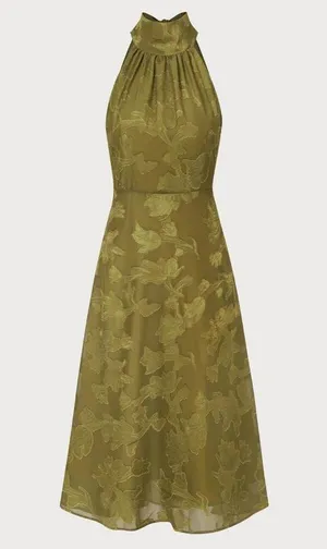 RIHOAS The Green Jacquard Ruched Halter Midi Dress L 76 thumbnail 6