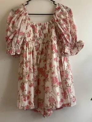 Floral Puff-Sleeve Romper in Pink and Cream thumbnail 3