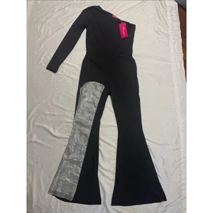 NWT Mundefeis Black One Shoulder Rhinestone Jumpsuit Flare Leg Party Romper S thumbnail 2