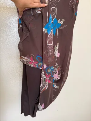 Floral V-Neck Brown Midi Dress with Pink & Blue Accents thumbnail 4