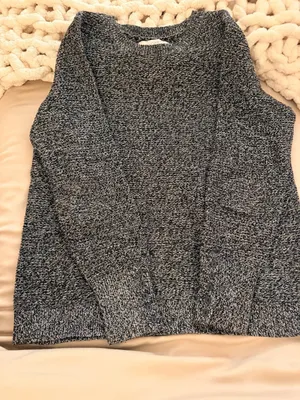 LOFT Black White Marled Crew Neck Sweater with Button Cuffs Size L thumbnail 2