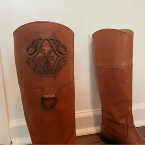 Frye Melissa Logo Leather Riding Boots Cognac Brown Sz 6.5 thumbnail 7