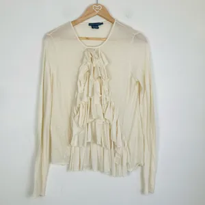 Ralph Lauren ultra fine knit semi-sheer ivory knit long sleeve ruffle top. Large thumbnail 2