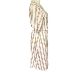 Ann Taylor Striped Midi Wrap Dress Sz M White Brown Puff Sleeves Coastal Chic thumbnail 3