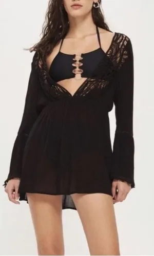Topshop Black Crochet Lace Up Back Bell‎ Sleeve Beach Cover Up Dress US 6 thumbnail 1