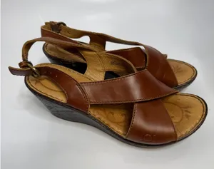 Born Wedge Sandals Womens 8 Brown Good Leather Slingback Crisscross D29526 boho thumbnail 1