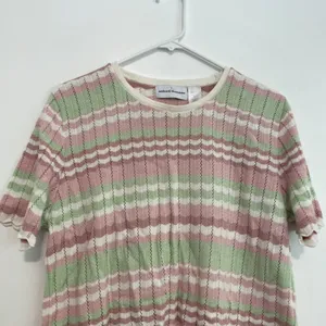 ALFRED DUNNER White Mauve Pink Green Chevron Striped Short Sleeve Sweater Top L thumbnail 3