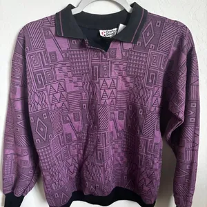 Vintage Geometric Tribal Sweater Cristin Stevens Purple Black Polo Knit Pullover thumbnail 1