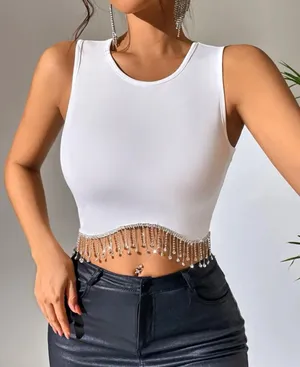 white Rhinestone Fringe Hem Tank Top thumbnail 1