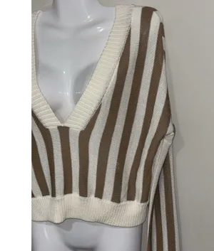 Honey Belle Sweater Womens Med Crop Top Tight Knit Brown & Ivory thumbnail 6