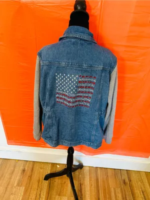Denim Jacket with Grey Knit Sleeves and Flag Patch Blue Size XXL thumbnail 7