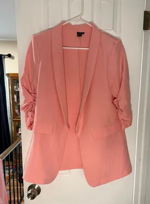 SHEIN Coral Pink Open-Front Ruched-Sleeve Blazer and cropped pant set thumbnail 1