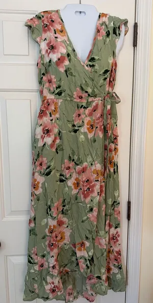Floral Cotton Rayon Faux Wrap Maxi Dress Sage Green Pink Medium M thumbnail 1
