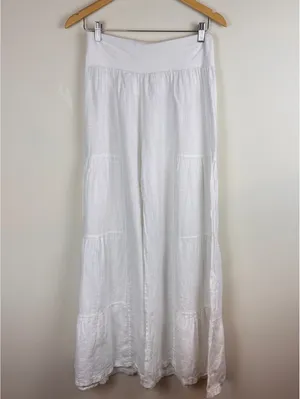 White Linen Tiered Wide Leg Palazzo Pants Foldover Waist Boho Coastal Resort thumbnail 2