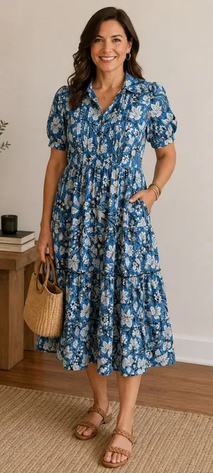 Diane von Furstenberg Queena Blue Floral Midi Shirt Dress Poplin Luxe L thumbnail 1