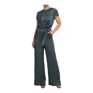 Lulus Let Me Entertain You Dark Green Satin Wide Leg Jumpsuit Tie Front Size XS thumbnail 3