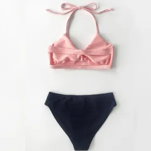 NEW CUPSHE Textured Pink And Navy Halter Bikini thumbnail 4