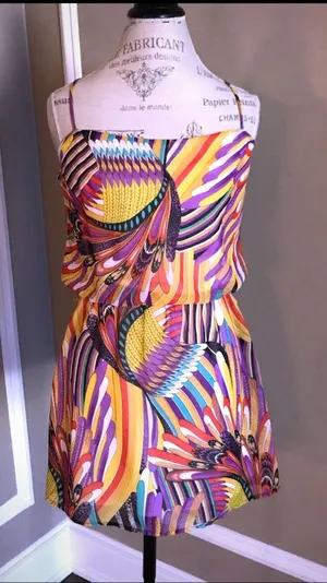 Groovy Multicolored Spaghetti Strap Short Dress with Cinched Waist Sz S thumbnail 1