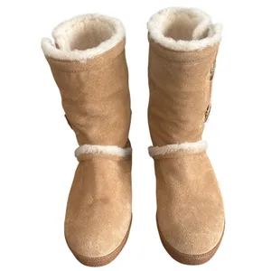 Tory Burch Ginger Suede Shearling Boots 8 Gold Double T Button Winter thumbnail 2