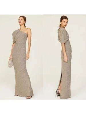 Black Halo EVE Egan One Shoulder Metallic Gown 0 Gold Luxe Long Stretch Pleated thumbnail 2