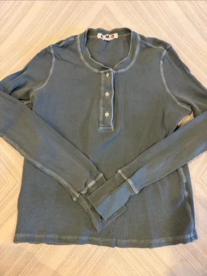AMO Women’s Small Olive Green Waffle Knit Long Sleeve Henley Shirt thumbnail 1