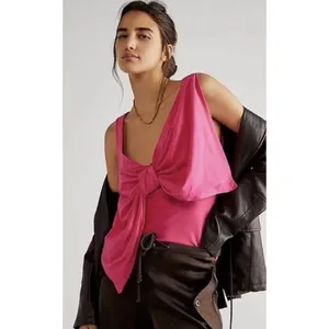 NWOT Free People Tied Up Bow Tank Phenom Pink Size XS 95% Cotton Cute!! thumbnail 2